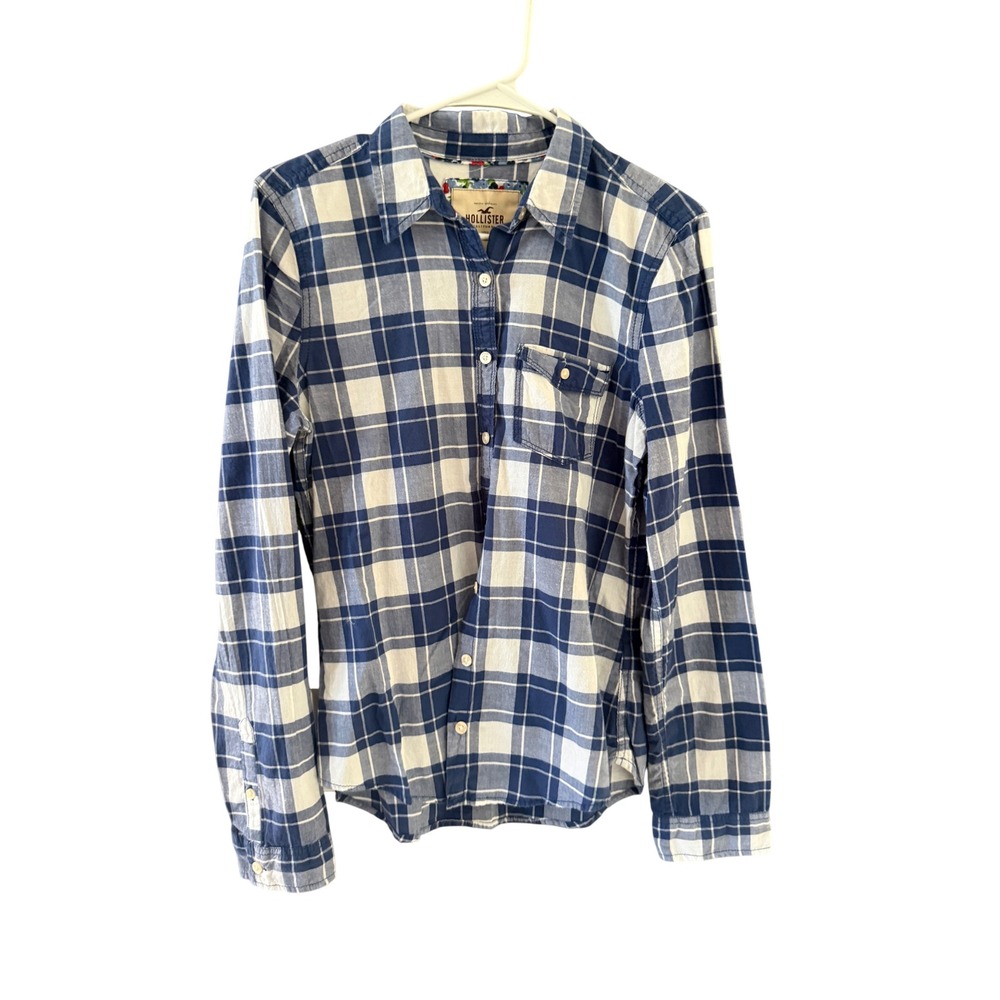 Hollister Blue White Plaid Button Down Shirt Womens Large Long Sl Cotton Preppy